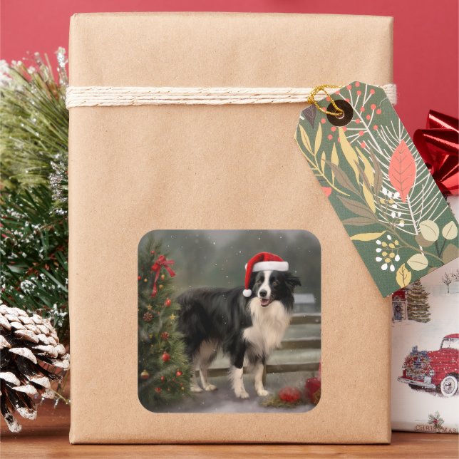 Pegatina Cuadrada Perro collie fronterizo en Navidades de nieve (Vacaciones)