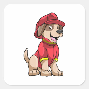 Pegatina Cuadrada Perro como bombero con casco de bomberos