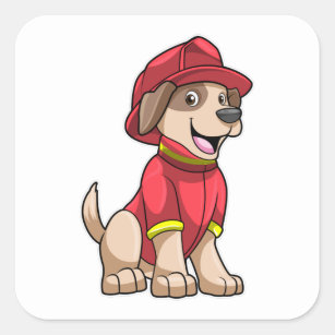 Pegatina Cuadrada Perro como bombero con casco de bomberos