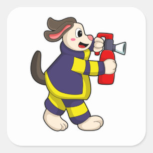 Pegatina Cuadrada Perro como bombero con extintor de incendios