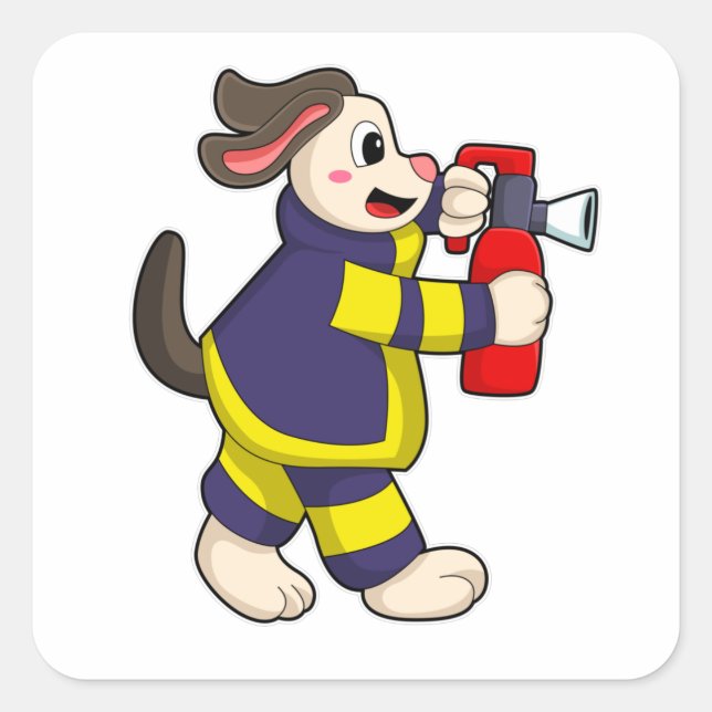 Pegatina Cuadrada Perro como bombero con extintor de incendios (Anverso)
