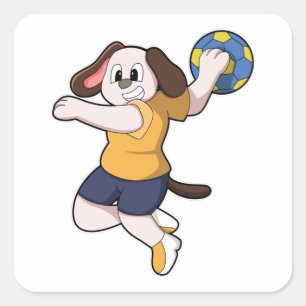 Pegatina Cuadrada Perro como jugador de balonmano con balonmano