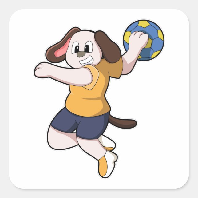 Pegatina Cuadrada Perro como jugador de balonmano con balonmano (Anverso)