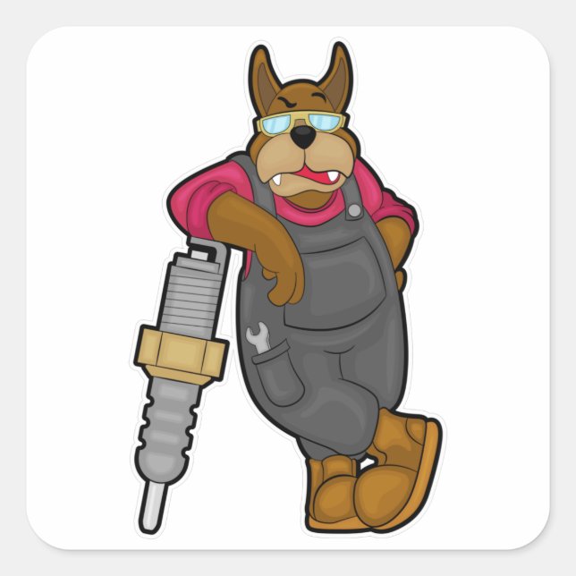 Pegatina Cuadrada Perro como mecánico con bujía (Anverso)