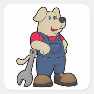Pegatina Cuadrada Perro como mecánico con llave
