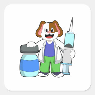 Pegatina Cuadrada Perro como Médica con jeringas