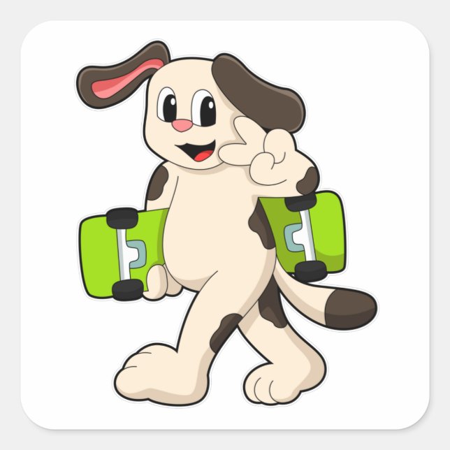 Pegatina Cuadrada Perro como patinador con patineta (Anverso)