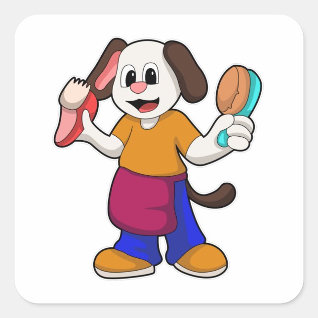 Pegatina Cuadrada Perro como peluquero con Razor (Anverso)