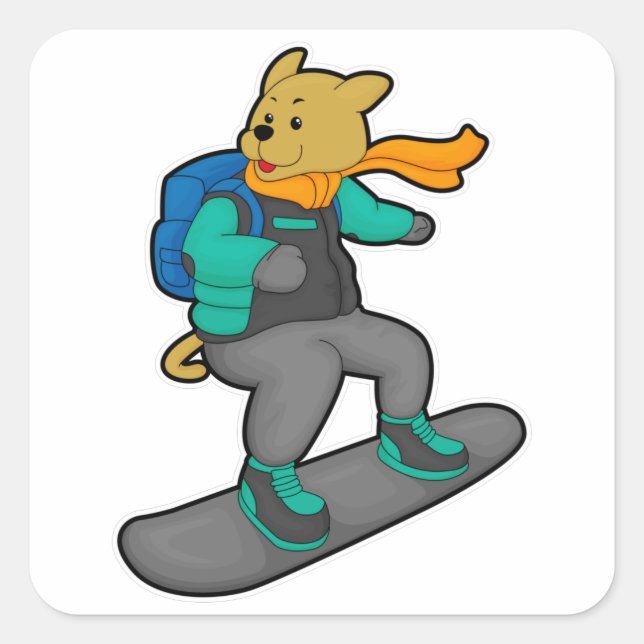 Pegatina Cuadrada Perro como snowboard con Snowboard y mochila (Anverso)