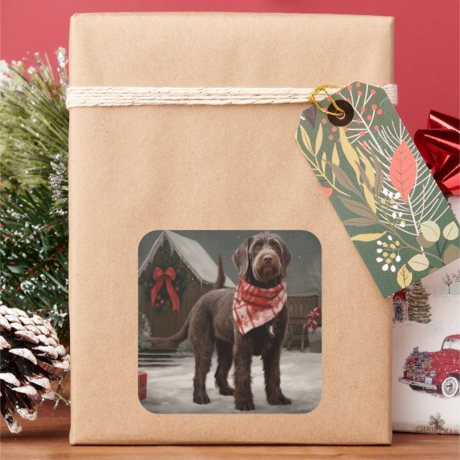 Pegatina Cuadrada Perro con cabello alambrado apuntando en Navidades (Vacaciones)