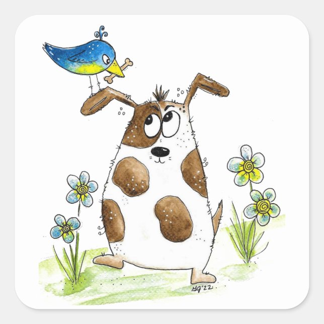 Pegatina Cuadrada Perro con pájaro de aspecto caprichoso (Anverso)