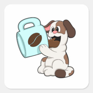 Pegatina Cuadrada Perro con taza de café