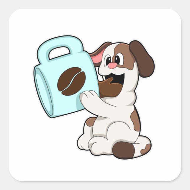 Pegatina Cuadrada Perro con taza de café (Anverso)