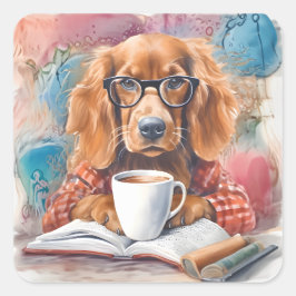 Pegatina Cuadrada Perro con una taza de chocolate caliente