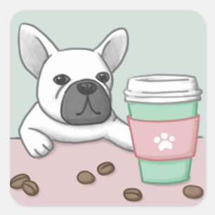 Pegatina Cuadrada Perro, copa y arte de Ilustracion de café