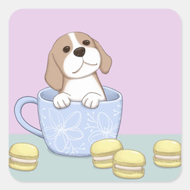 Pegatina Cuadrada Perro, copa y arte de Ilustracion de Macarons (Anverso)
