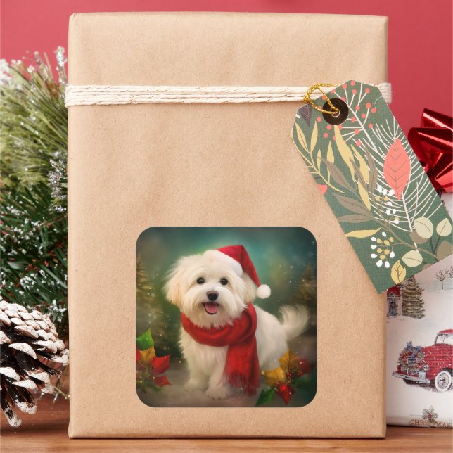 Pegatina Cuadrada Perro Coton De Tulear en Navidades de Nieve (Vacaciones)