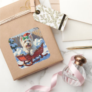 Pegatina Cuadrada Perro Coton de Tulear Esponjoso Trineo Navideño Vi