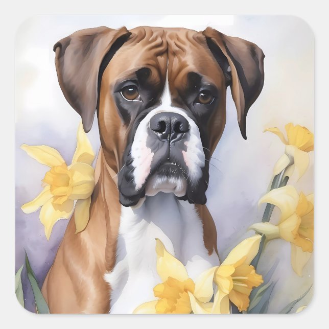 Pegatina Cuadrada Perro Cute Boxer Con Daffodias Amarillas Acuarela (Anverso)