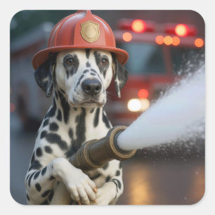 Pegatina Cuadrada Perro Dalmata Con una Manguera de Incendios