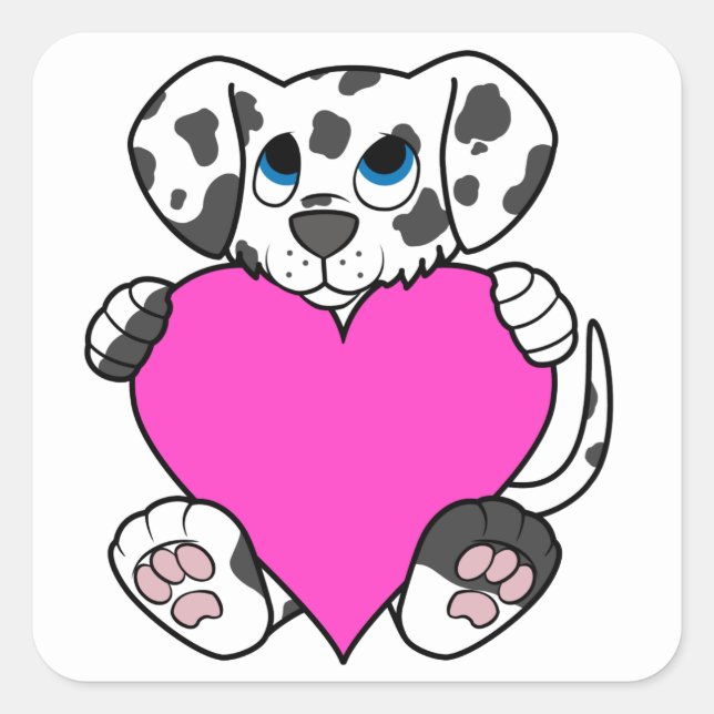 Pegatina Cuadrada Perro dalmatiano el día de San Valentín con corazó (Anverso)