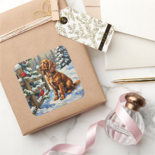Pegatina Cuadrada Perro de aguas spaniel vintage y Navidad de carden