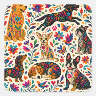 Pegatina Cuadrada Perro de Arte Otomi 