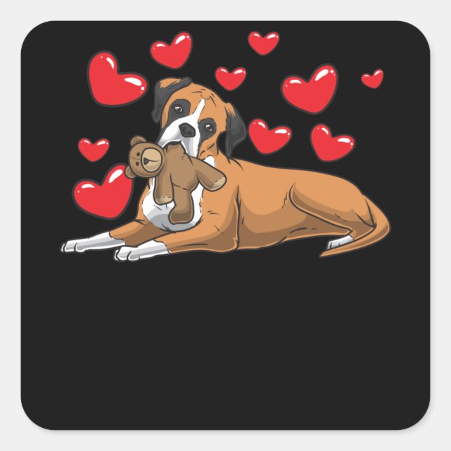 Pegatina Cuadrada Perro de boxeador con animal relleno y corazones (Anverso)