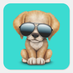 Pegatina Cuadrada Perro de Cachorro con gafas de sol