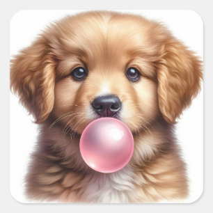 Pegatina Cuadrada Perro de cachorro marrón chocante chupando chicle