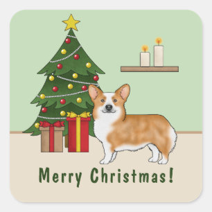 Pegatina Cuadrada Perro De Corgi De Pembroke Rojo Y Árbol De Navidad