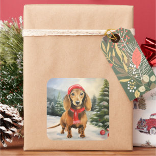 Pegatina Cuadrada Perro de Dachshund en Navidades de nieve