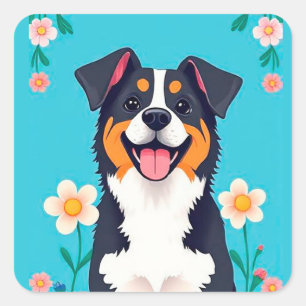 Pegatina Cuadrada Perro de Dibujos Animados Rodeado de Flores