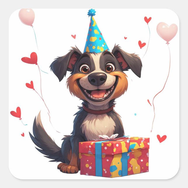 Pegatina Cuadrada 🐕 Perro de fiesta con sombrero de cumpleaños y re (Anverso)