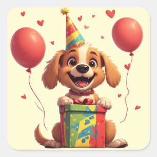 Pegatina Cuadrada 🐕 Perro de fiesta con sombrero de cumpleaños y re