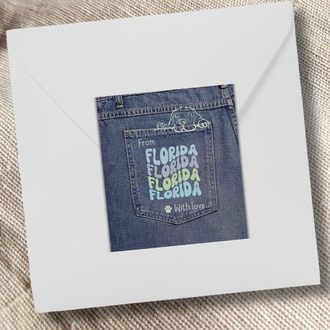 Pegatina Cuadrada Perro de Florida en Jean Pocket Classic Square Peg (Cute denim pocket sticker with a doggy peeking out. Use it on gifts, packages and envelopes!)