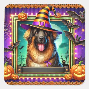 Pegatina Cuadrada Perro de Halloween con sombrero de bruja