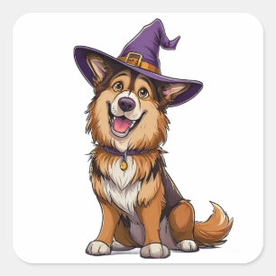 Pegatina Cuadrada Perro de Halloween con sombrero de mago púrpura