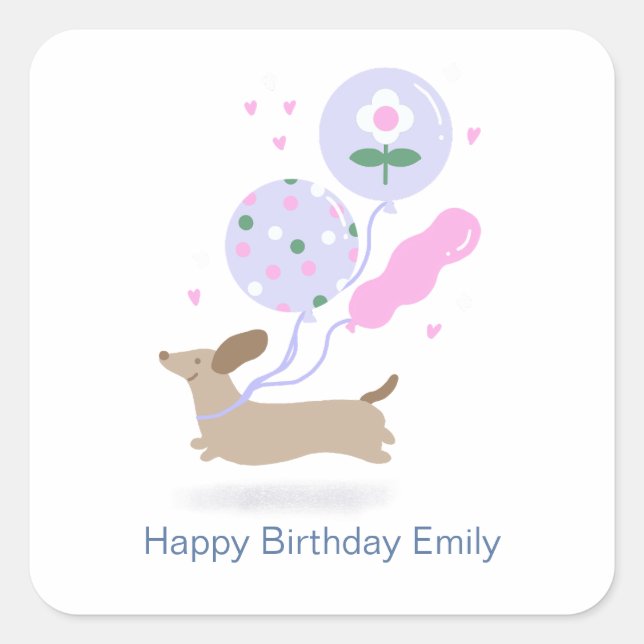 Pegatina Cuadrada Perro de la fiesta de cumpleaños de Dachshund pers (Anverso)