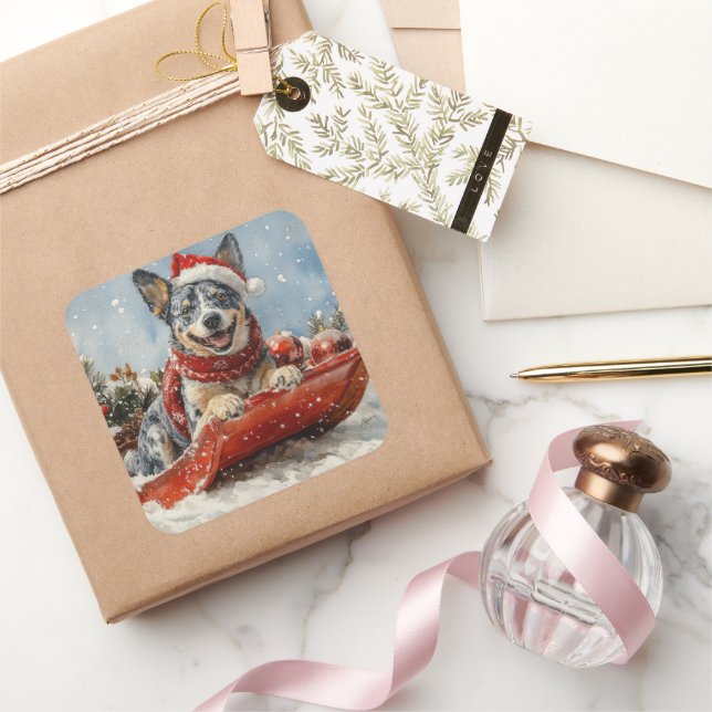 Pegatina Cuadrada Perro de la Heeler Azul en la manga deja que nieve (Regalar)