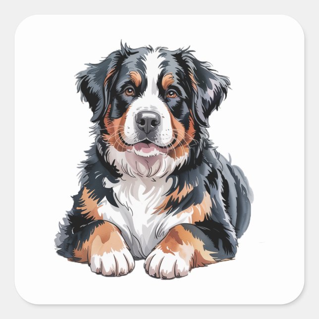 Pegatina Cuadrada Perro de montaña de Bernese (Anverso)
