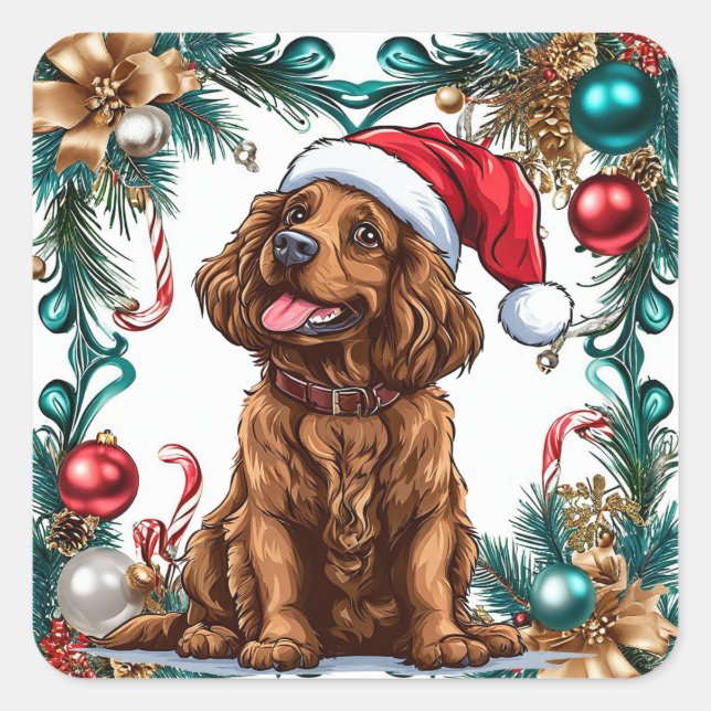 Pegatina Cuadrada Perro de Navidad adorable (Anverso)