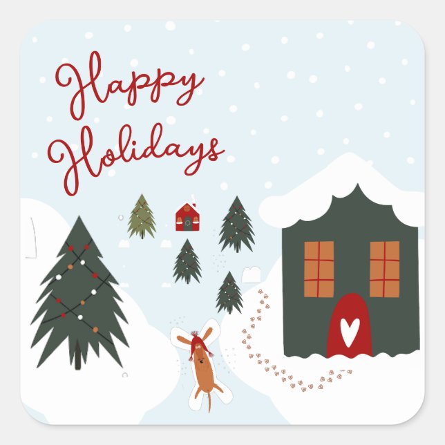 Pegatina Cuadrada Perro de Navidades blancos lindo haciendo ángeles  (Anverso)