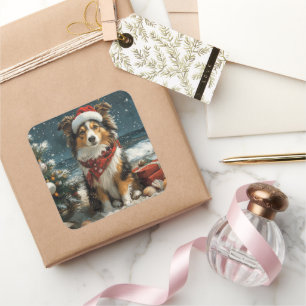 Pegatina Cuadrada Perro de pastor de las Shetland Navidad Vintage Pl