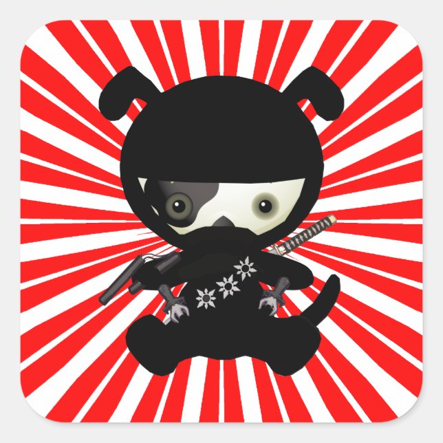 Pegatina Cuadrada Perro de perrito lindo de Kawaii Ninja en rojo (Anverso)