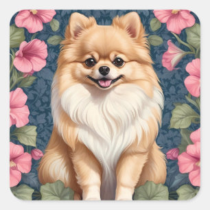 Pegatina Cuadrada Perro De Pomerania Con Petunias De Color Rosa