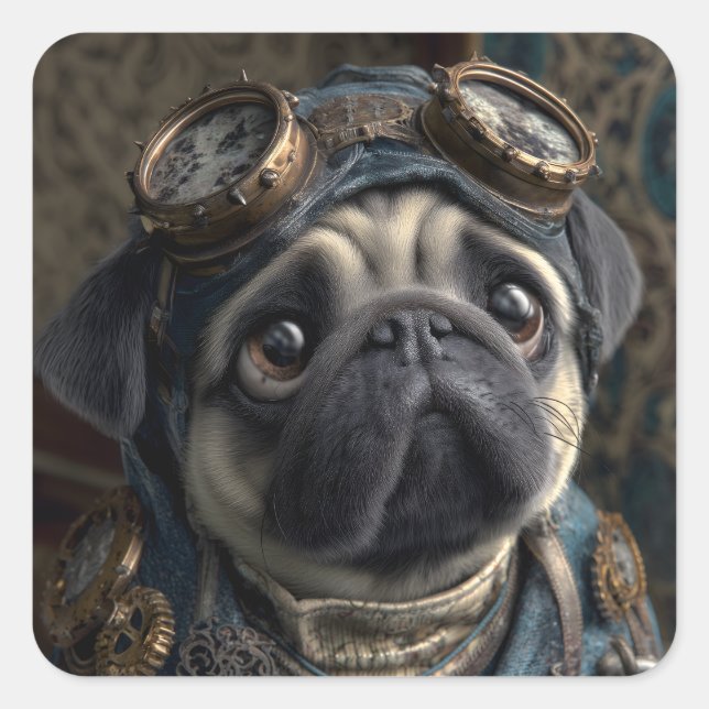 Pegatina Cuadrada Perro de pug de vapor (Anverso)