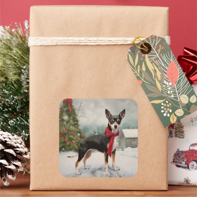 Pegatina Cuadrada Perro de Rat Terrier en Navidades de Nieve (Vacaciones)
