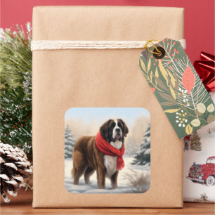 Pegatina Cuadrada Perro de San Bernardo en Navidades de Nieve