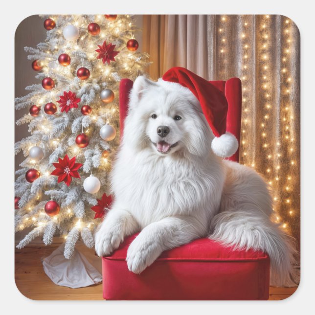 Pegatina Cuadrada Perro de Santa Samoyed en una silla roja (Anverso)